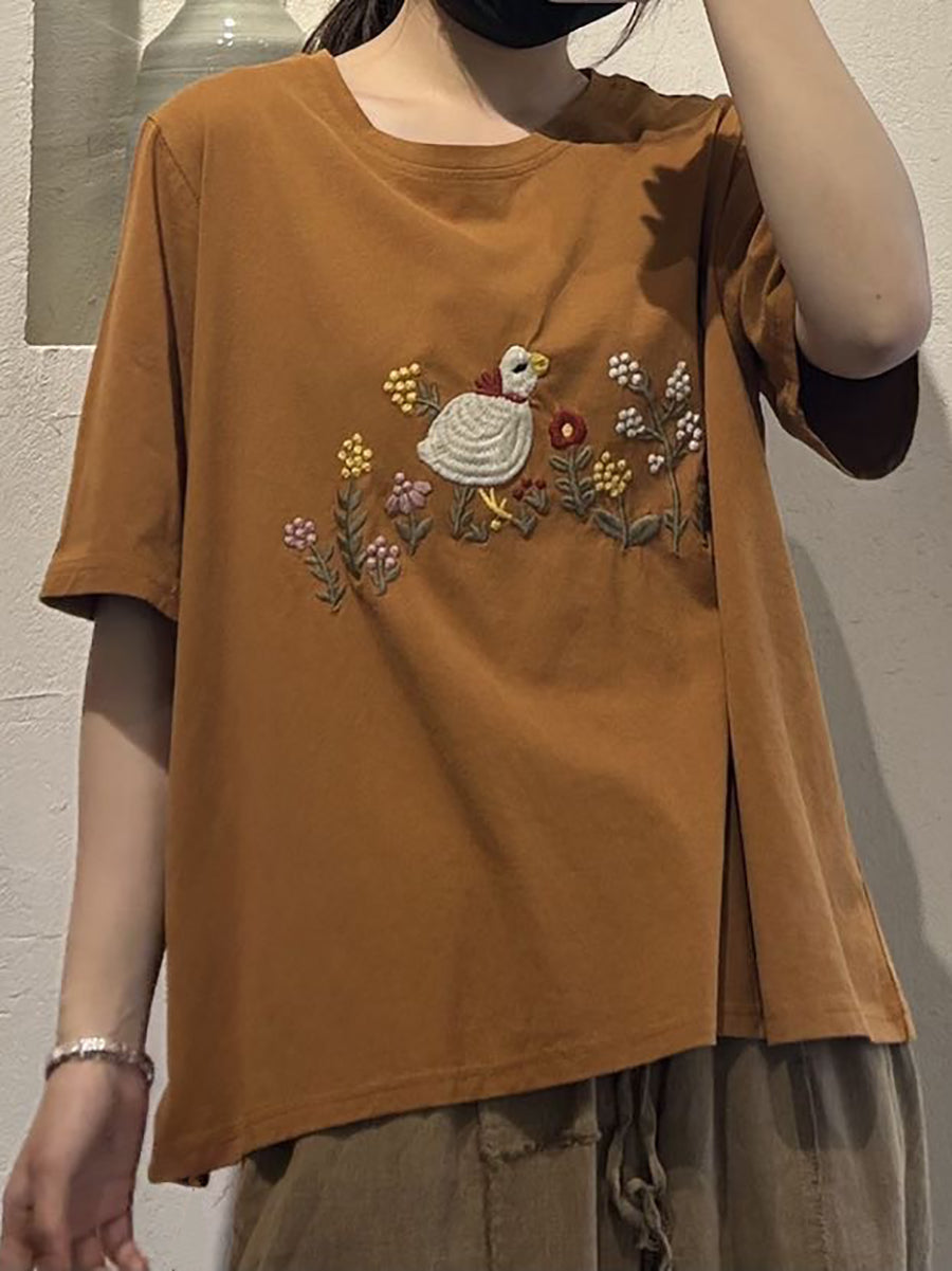 Women Casual Cute Embroidery O-Neck Cotton Shirt UI1008