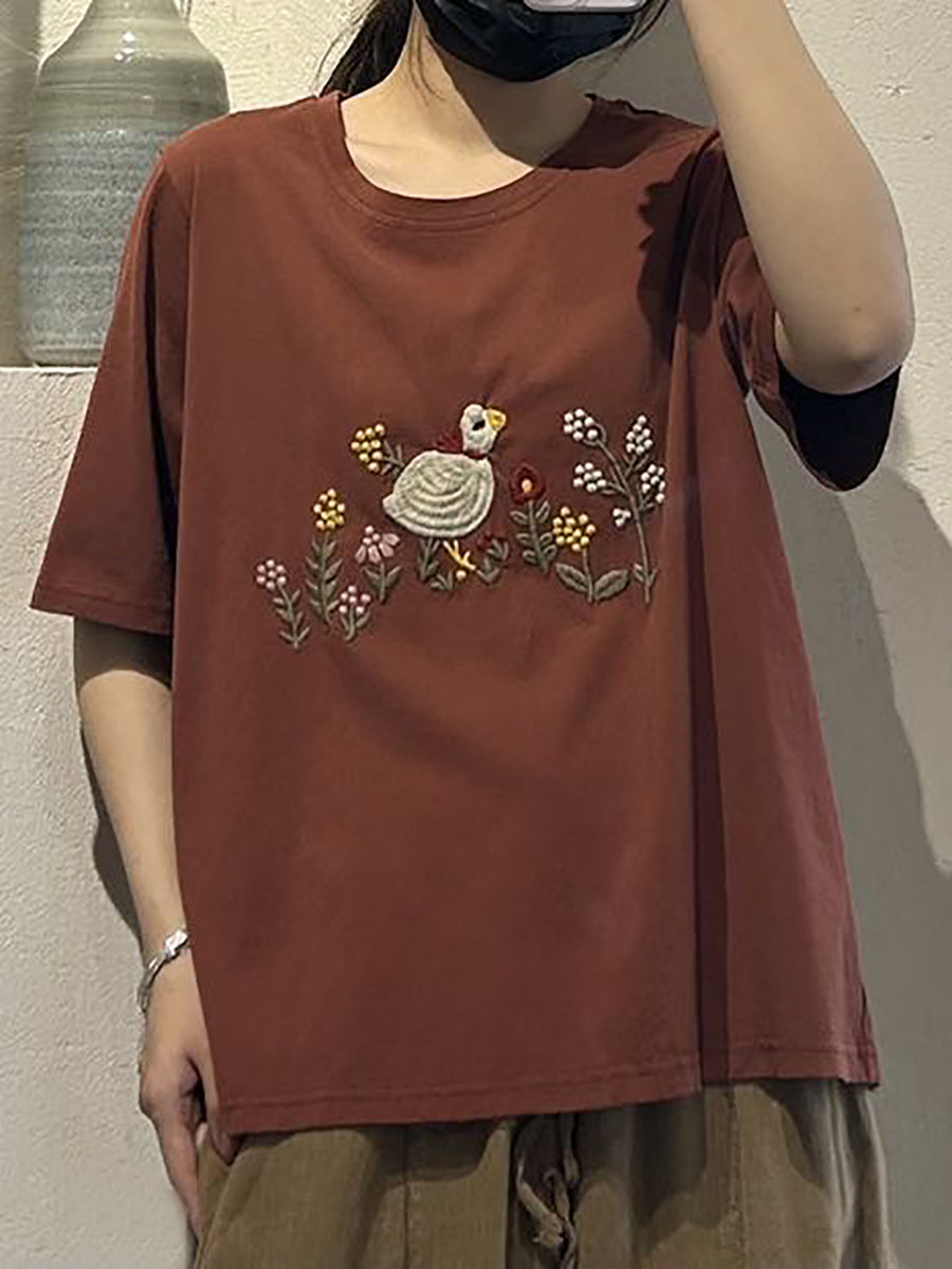 Women Casual Cute Embroidery O-Neck Cotton Shirt UI1008