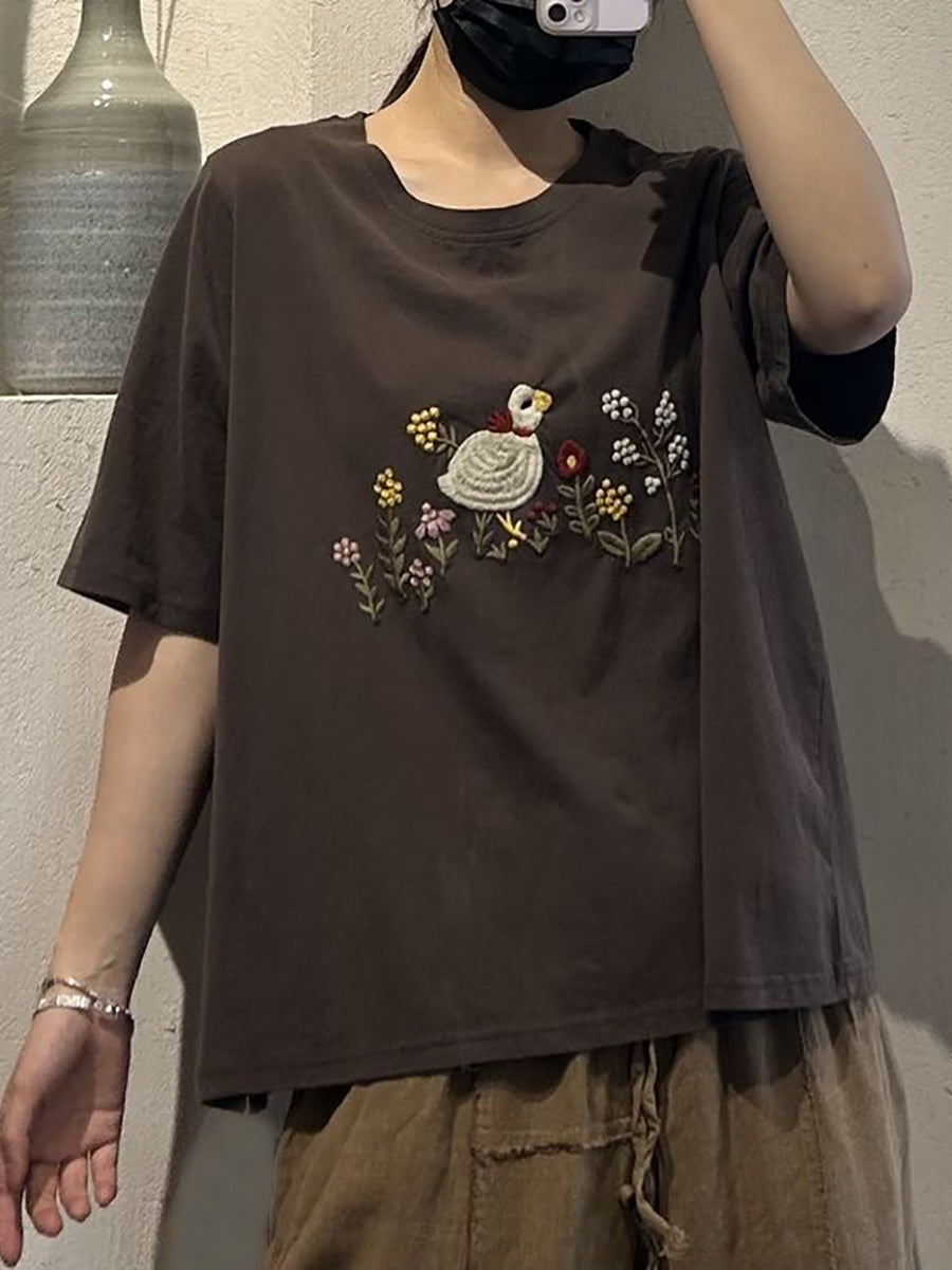 Women Casual Cute Embroidery O-Neck Cotton Shirt UI1008