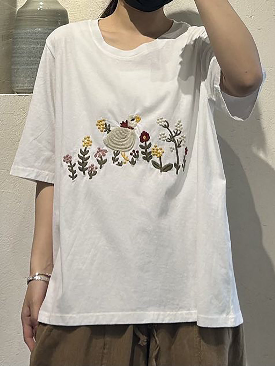 Women Casual Cute Embroidery O-Neck Cotton Shirt UI1008