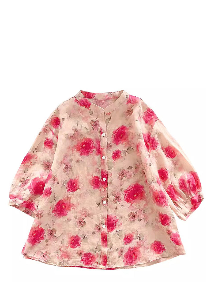 Women Summer Artsy Floral Ramie Loose Shirt AS1028