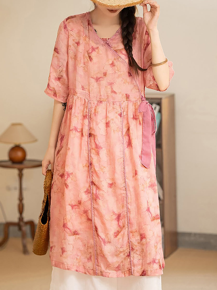Women Summer Vintage Flower Strap V-Neck Ramie Dress AS1035