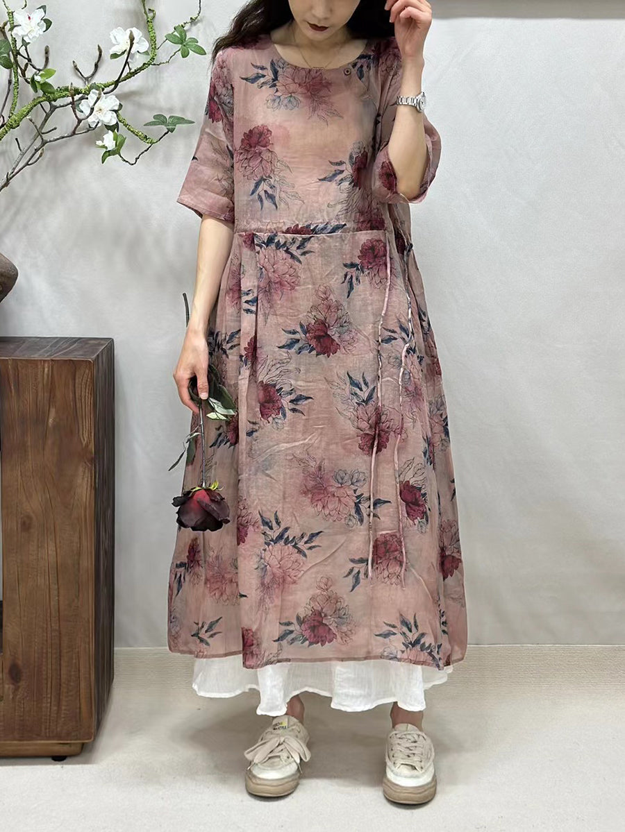 Women Summer Artsy Flower Loose Thin Ramie Dress FG1008