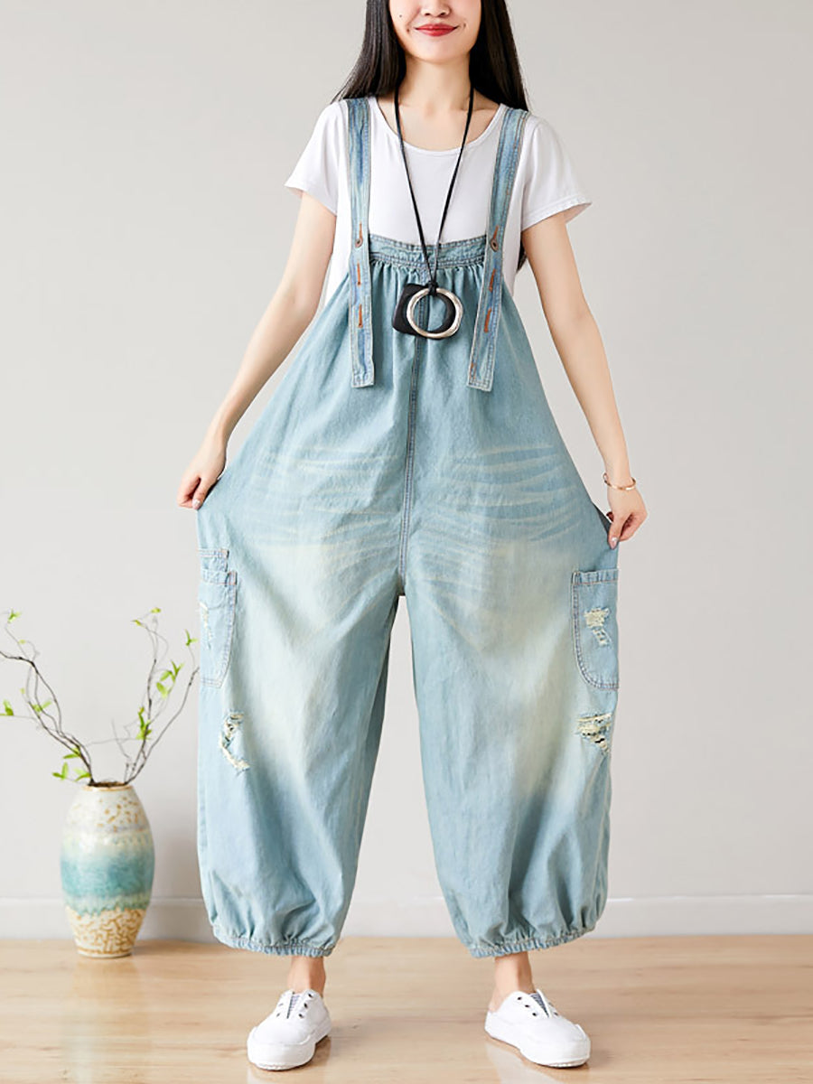 Women Summer Retro Frayed Washed Denim Jumpsuits FG1034