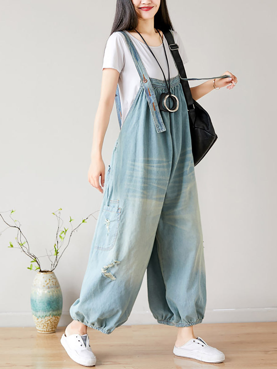 Women Summer Retro Frayed Washed Denim Jumpsuits FG1034