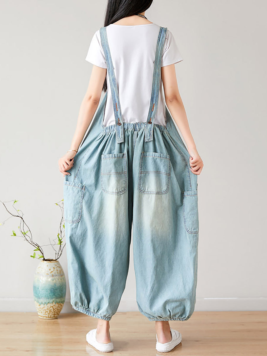 Women Summer Retro Frayed Washed Denim Jumpsuits FG1034