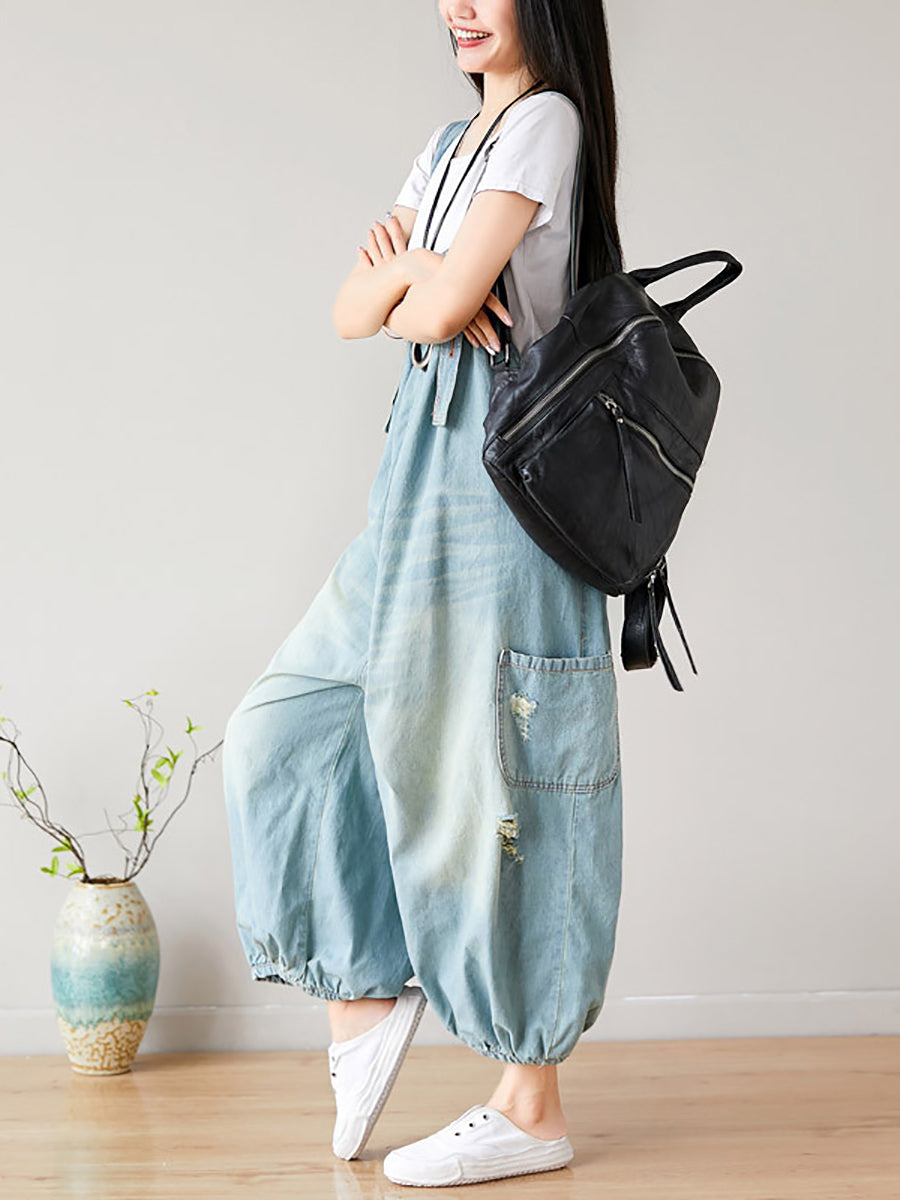Women Summer Retro Frayed Washed Denim Jumpsuits FG1034