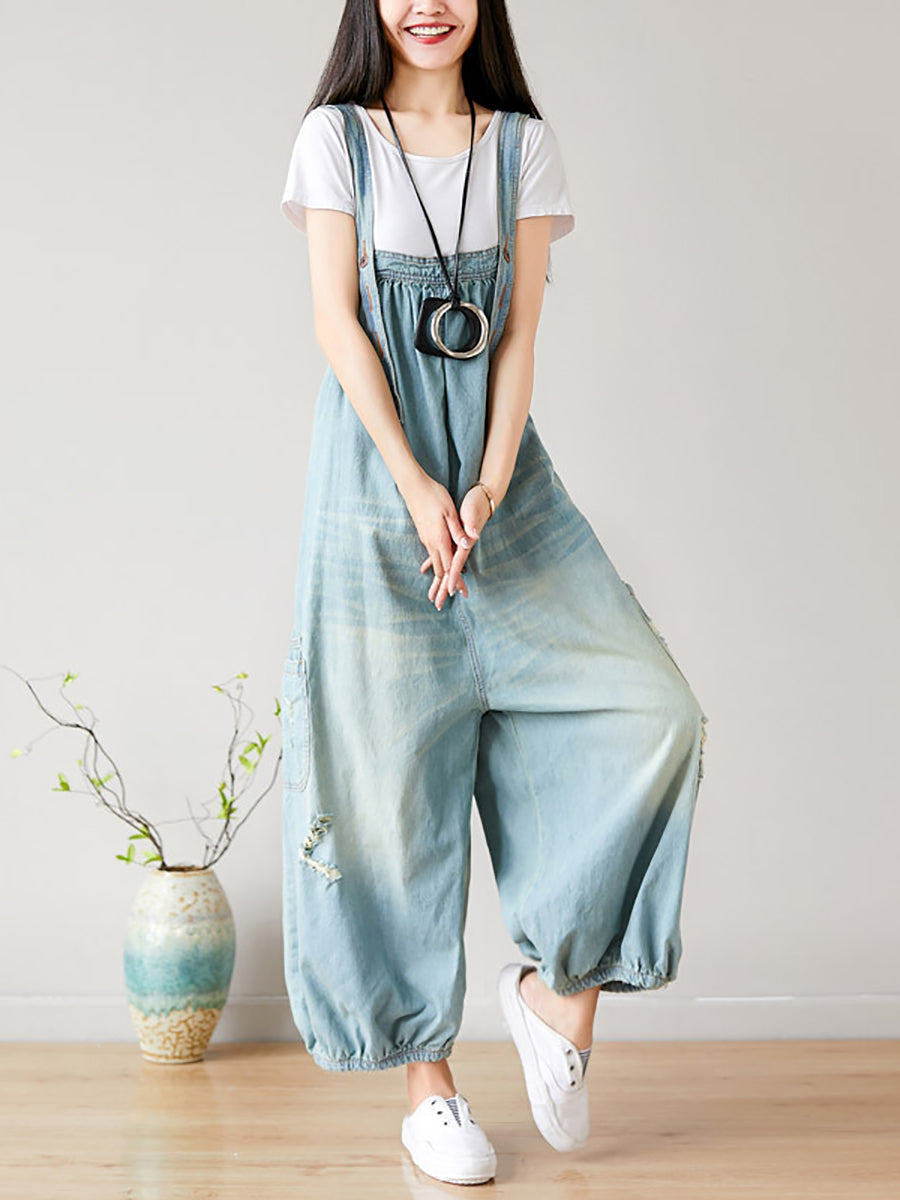 Women Summer Retro Frayed Washed Denim Jumpsuits FG1034