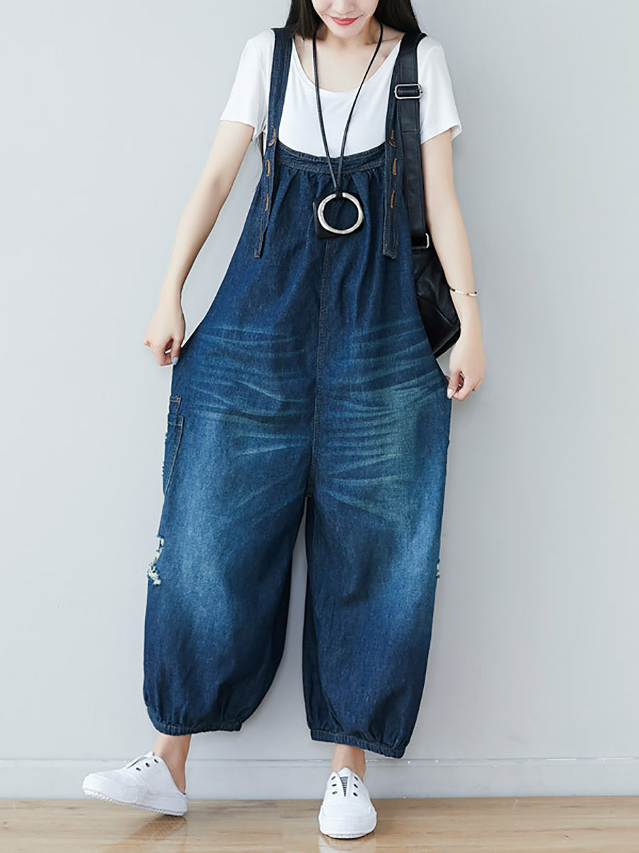 Women Summer Retro Frayed Washed Denim Jumpsuits FG1034