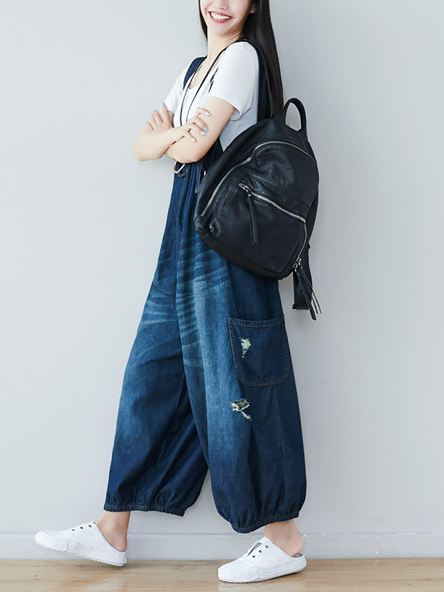 Women Summer Retro Frayed Washed Denim Jumpsuits FG1034