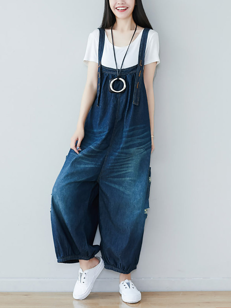 Women Summer Retro Frayed Washed Denim Jumpsuits FG1034