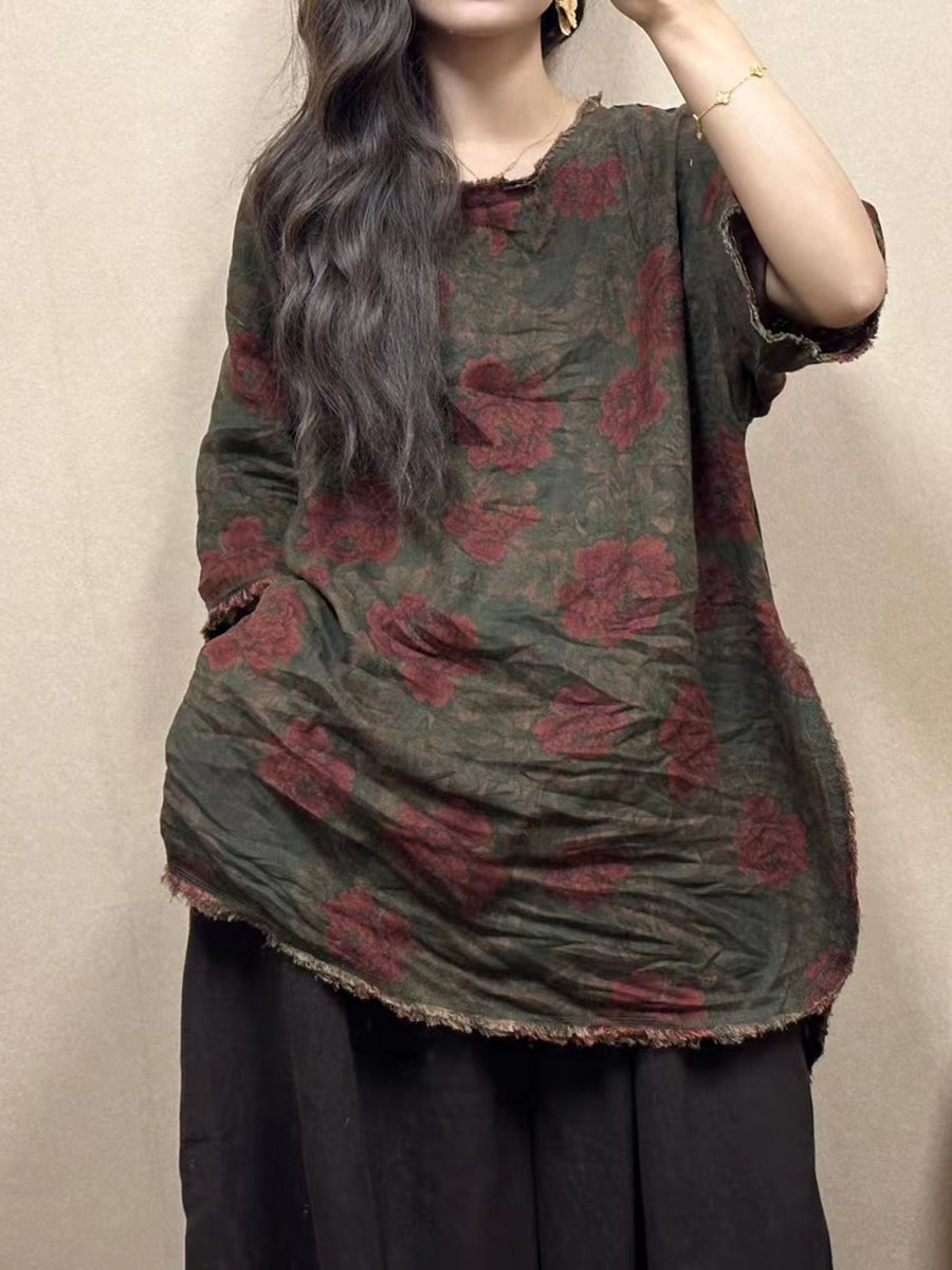 Women Summer Vintage Flower Raw-edge Linen Shirt ZZ1023