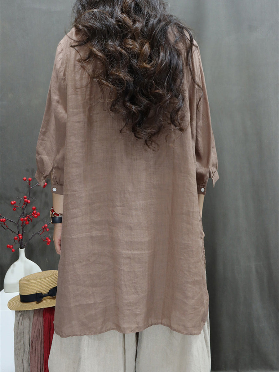 Women Summer Retro Embroidery O-Neck Ramie Shirt ZZ1049