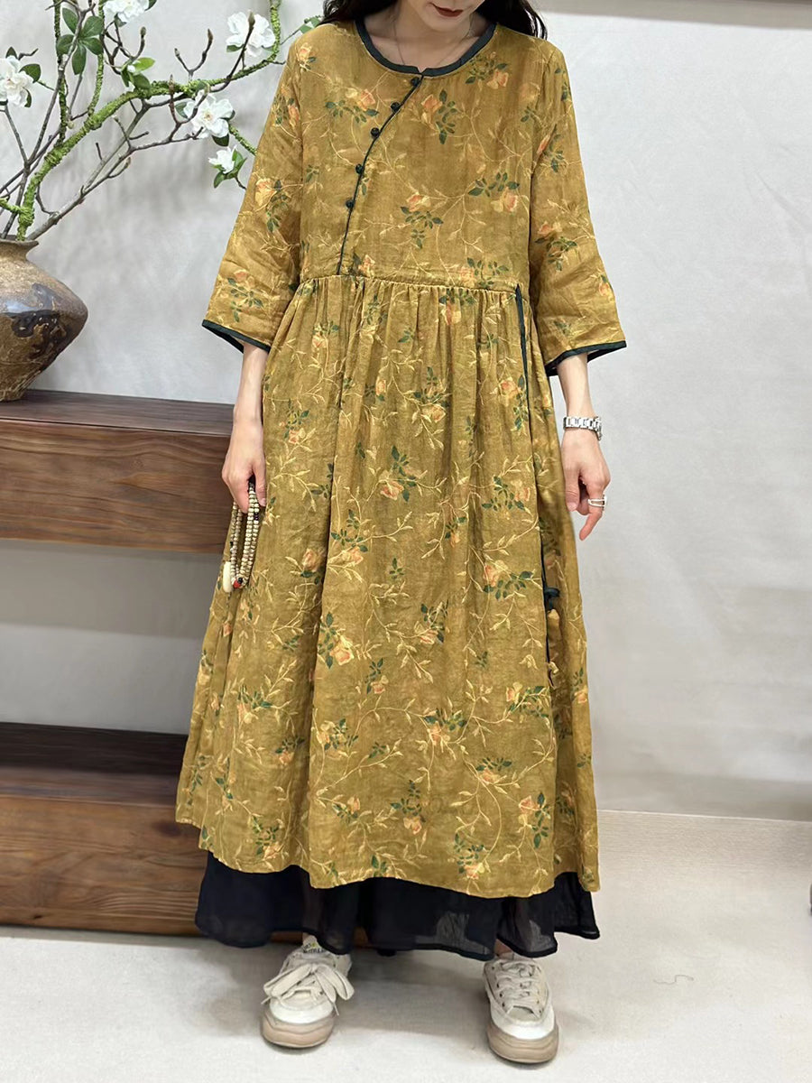 Women Summer Vintage Floral Spliced Ramie Loose Dress CV1002