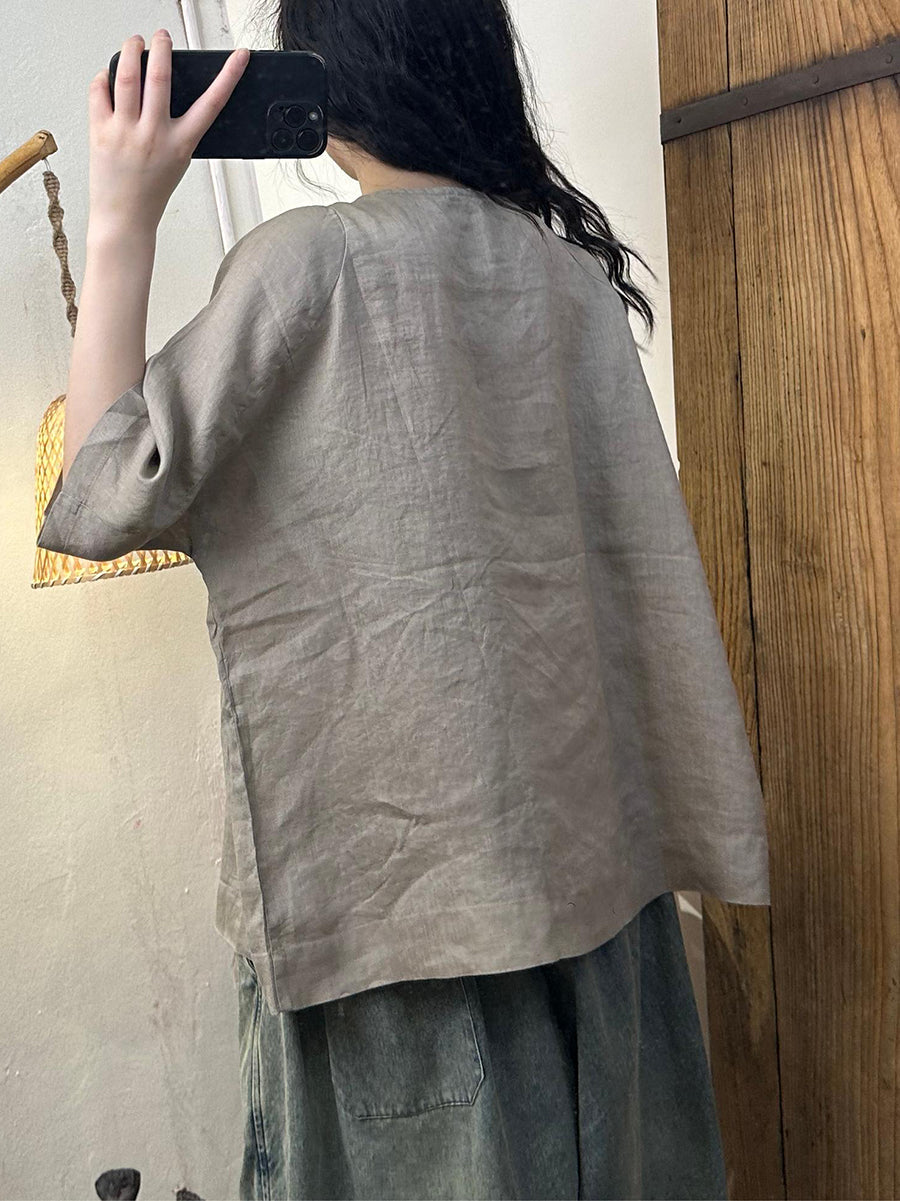 Women Summer Artsy Shirred Button Linen Loose Shirt CV1004