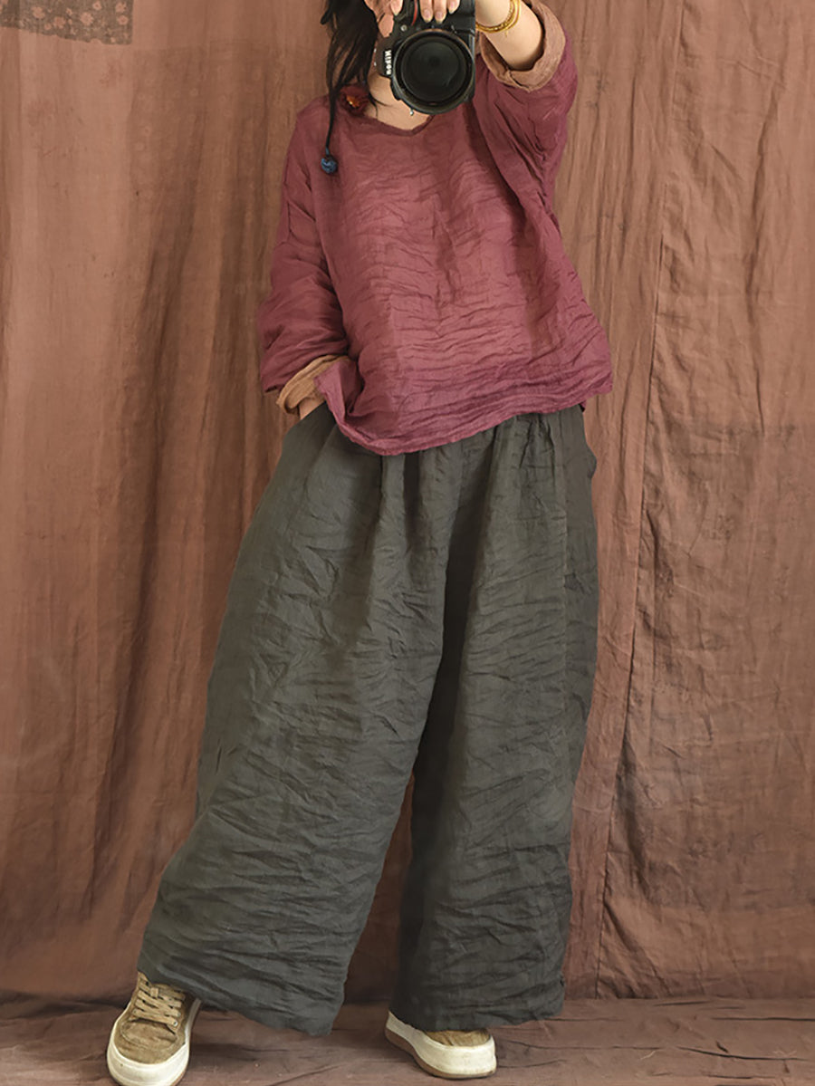 Women Summer Vintage Colorblock Loose Linen Pants OP1012