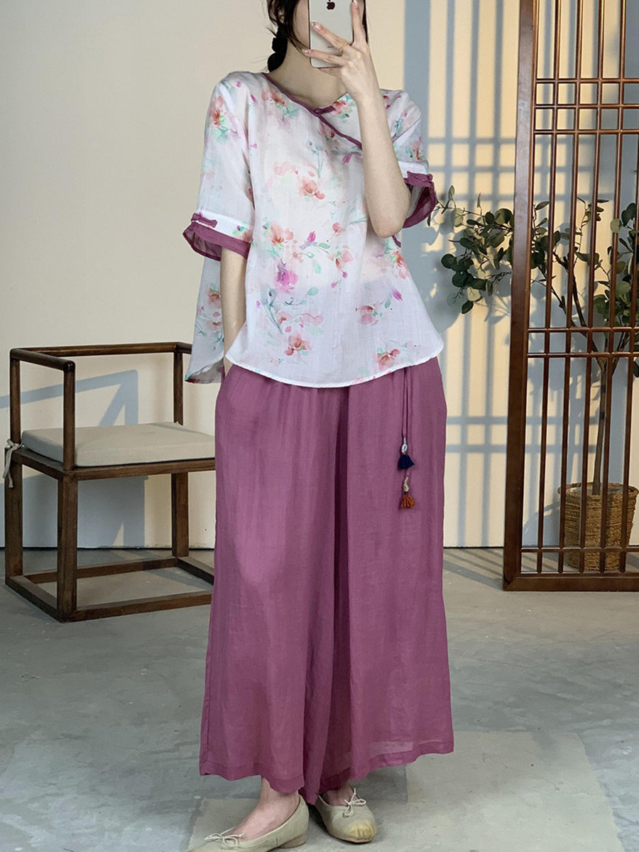 Women Summer Artsy Floral Button Ramie Shirt OO1012