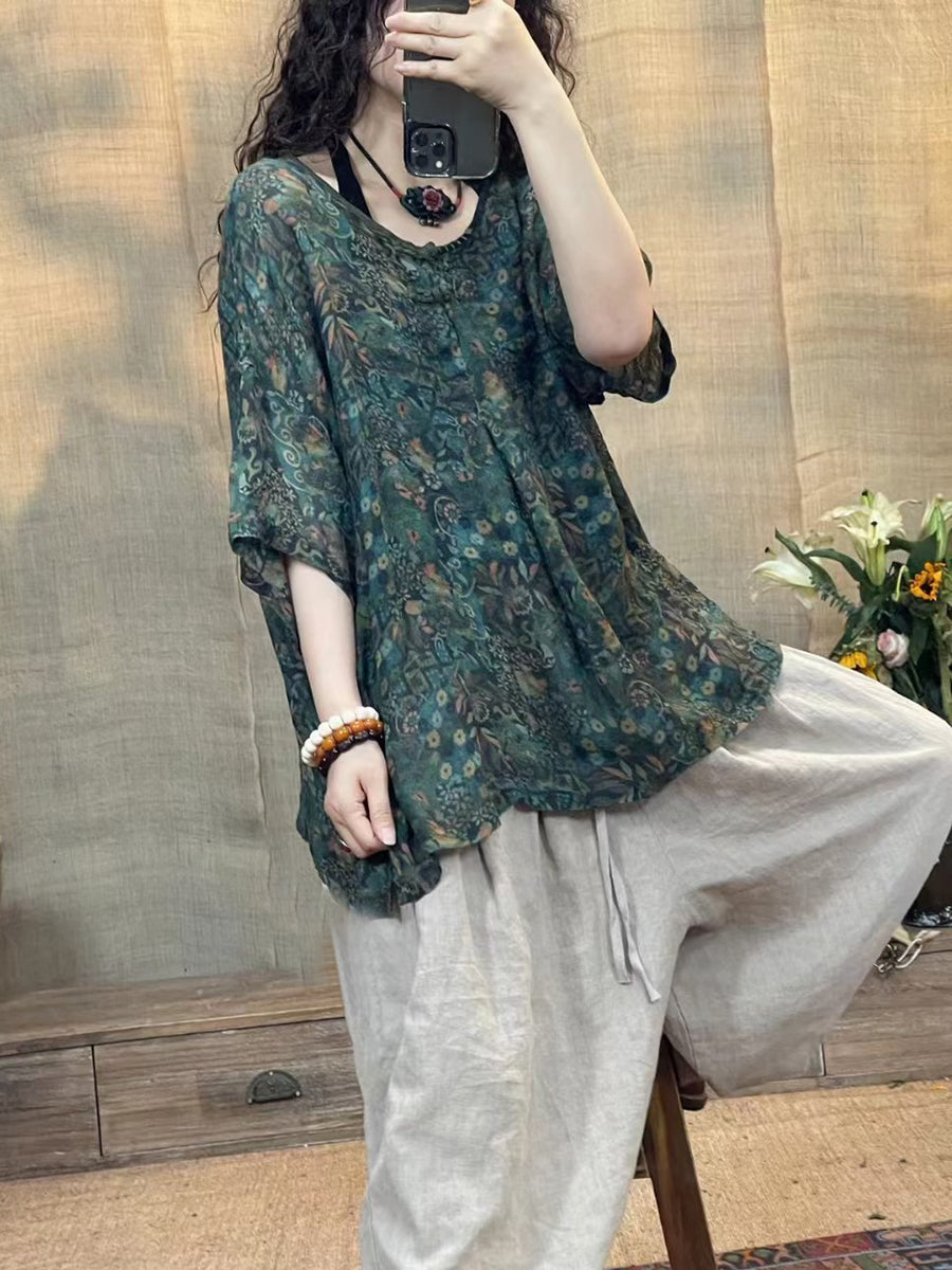 Women Summer Vintage Flower O-Neck Linen Shirt II1056