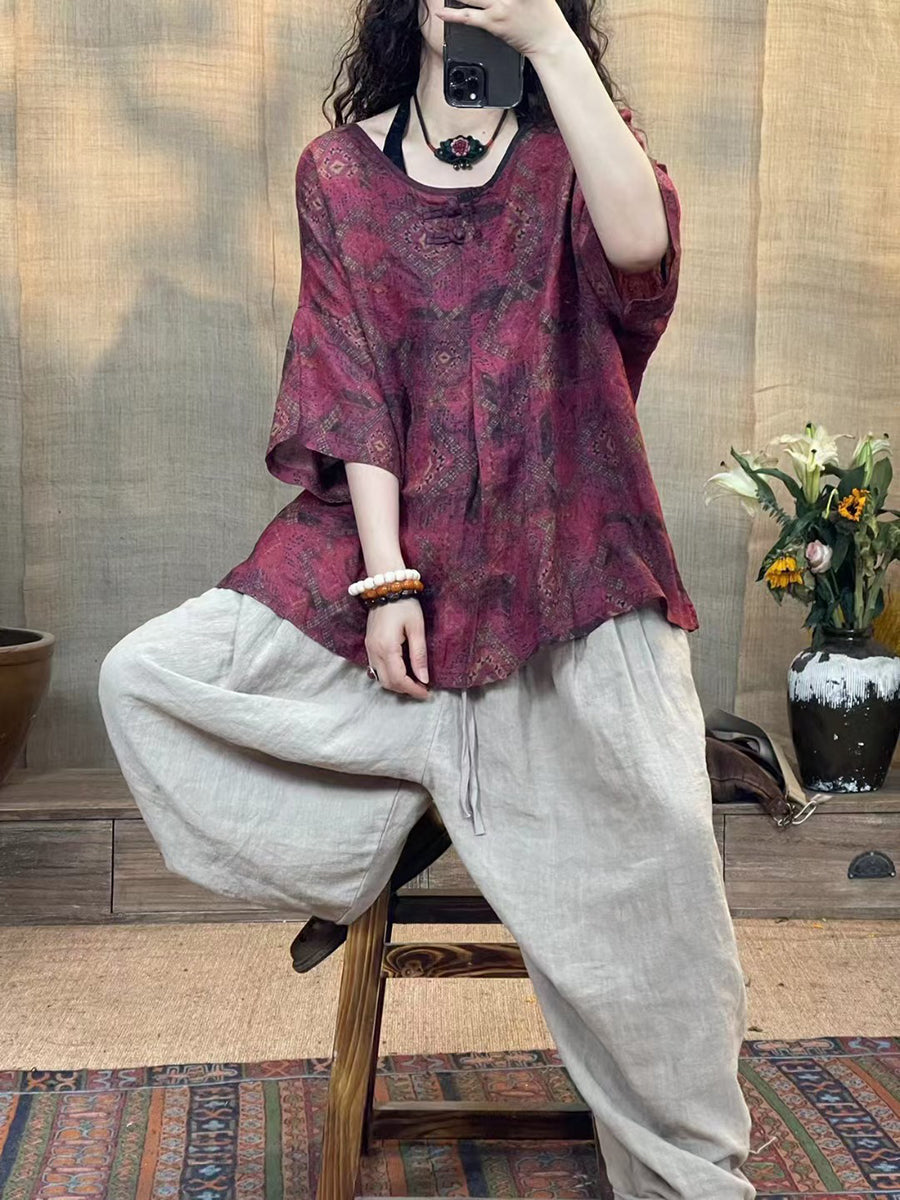 Women Summer Vintage Flower O-Neck Linen Shirt II1056