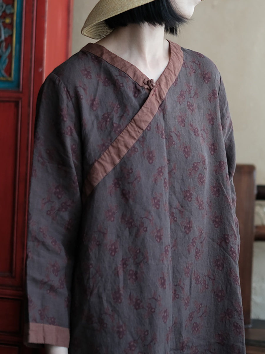 Damen Sommer Vintage Blumenmuster Gespleißtes V-Ausschnitt Leinenkleid II1013