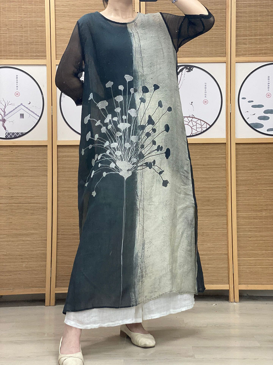 Women Summer Vintage Print Colorblock Linen Dress PP1011