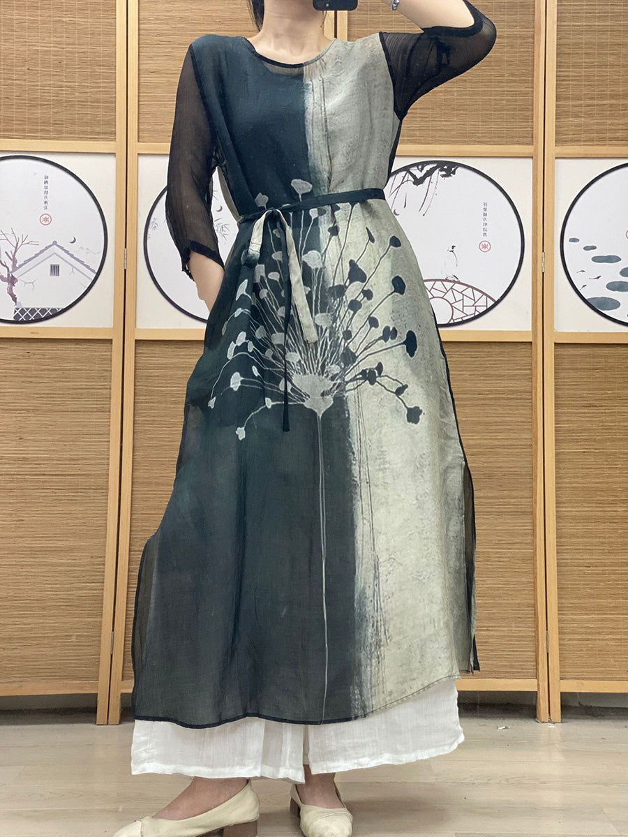 Women Summer Vintage Print Colorblock Linen Dress PP1011