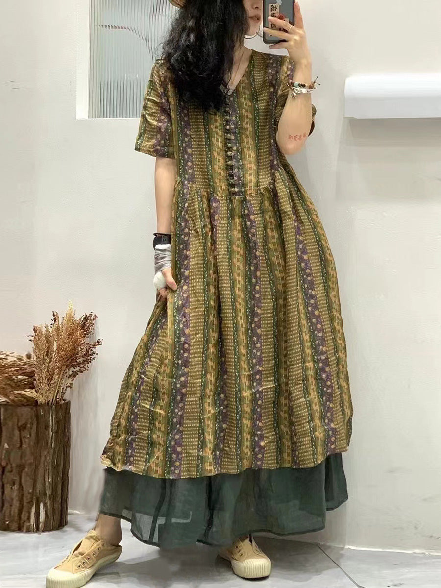 Damen Sommer Vintage V-Ausschnitt Floral Spliced Ramie Kleid HH049