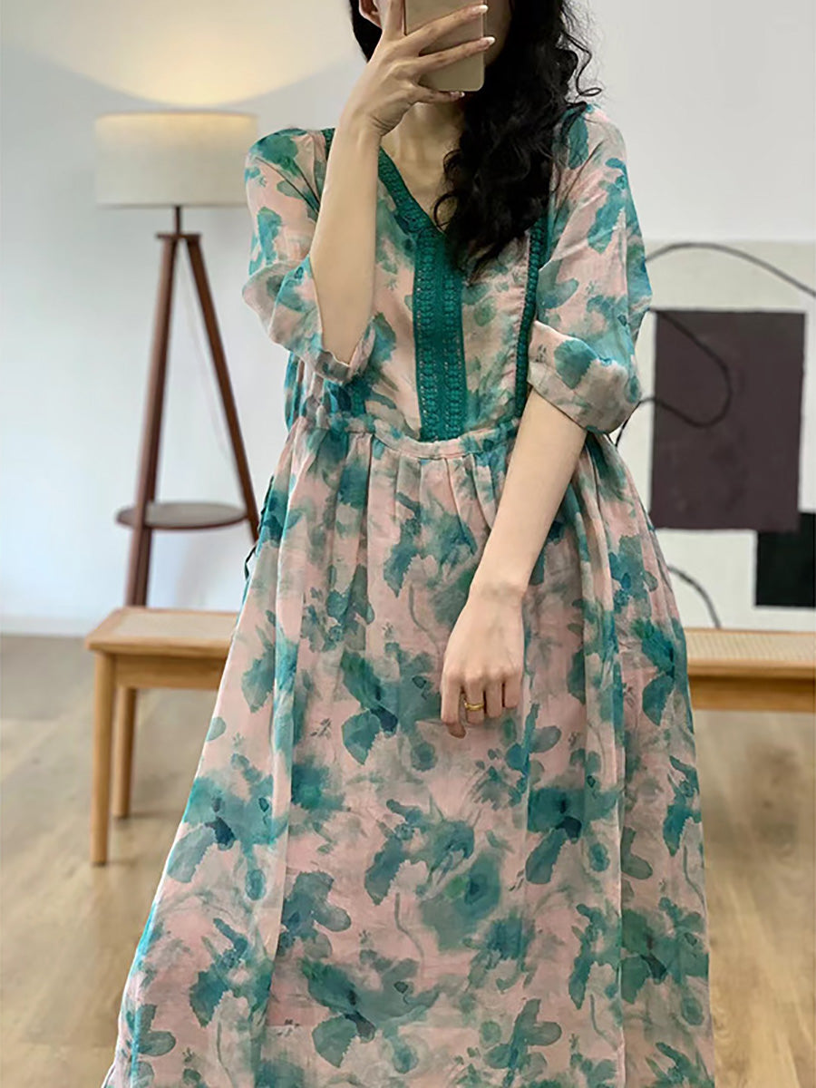 Frauen Sommer Artsy Blume Gespleißt V-ausschnitt Ramie Kleid HH008