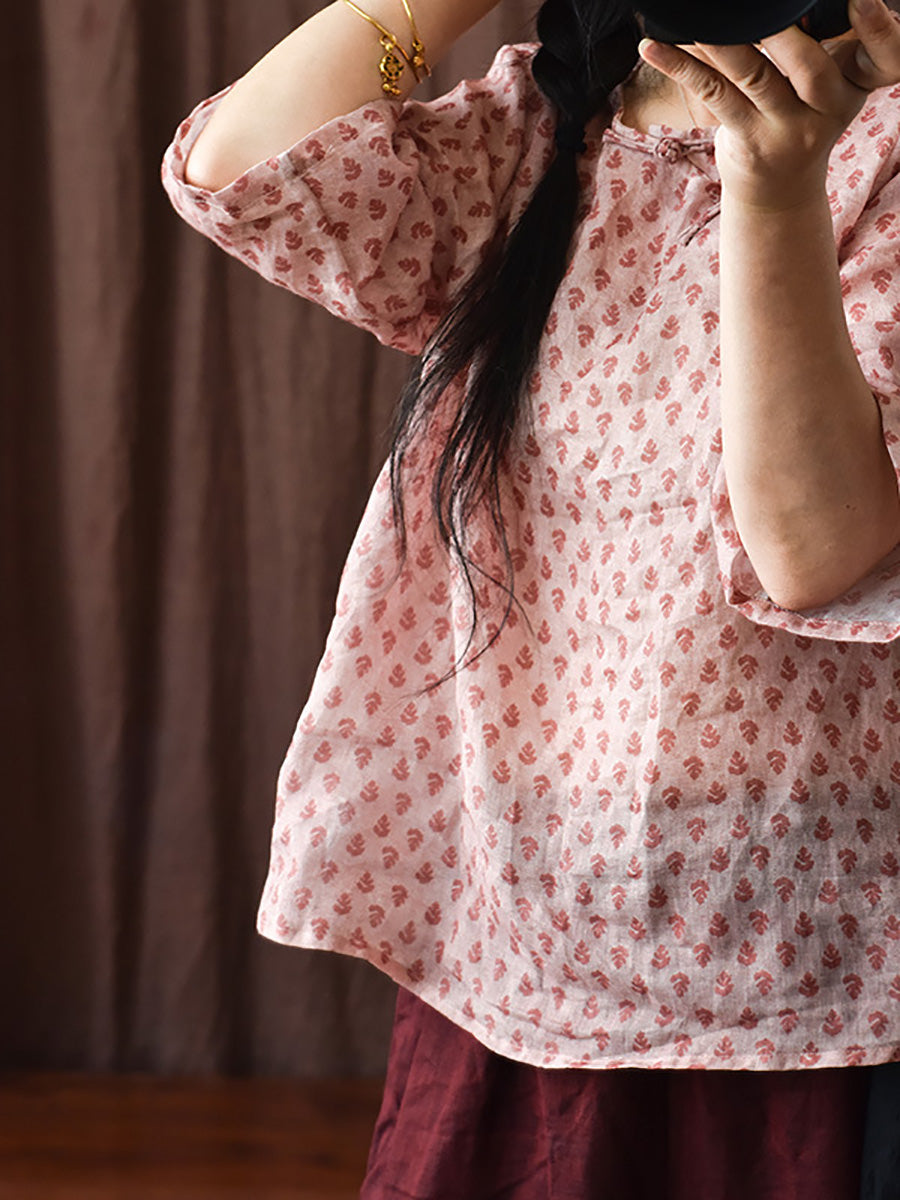 Frauen Sommer Vintage Floral Schnalle Ramie Shirt LL018