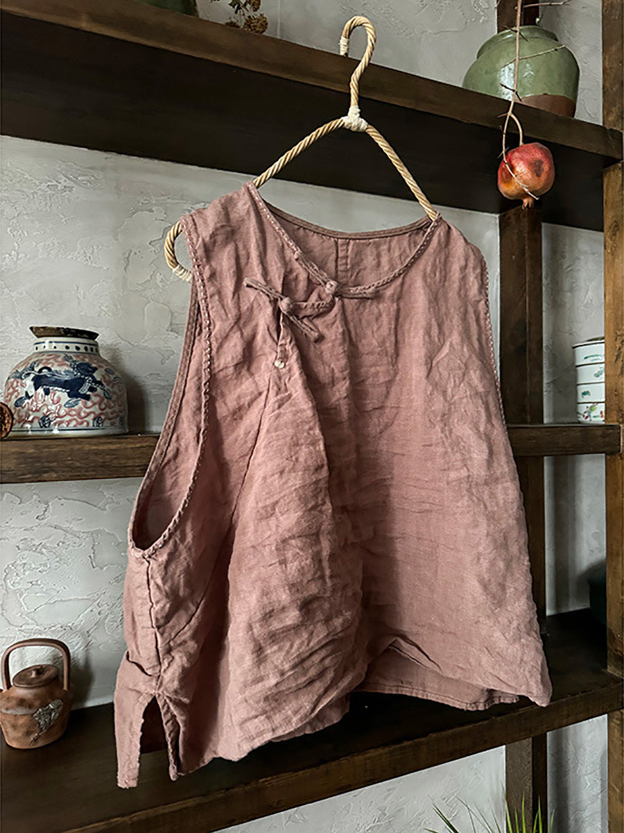 Frauen Sommer Vintage solide Schnalle Leinen Weste CC015