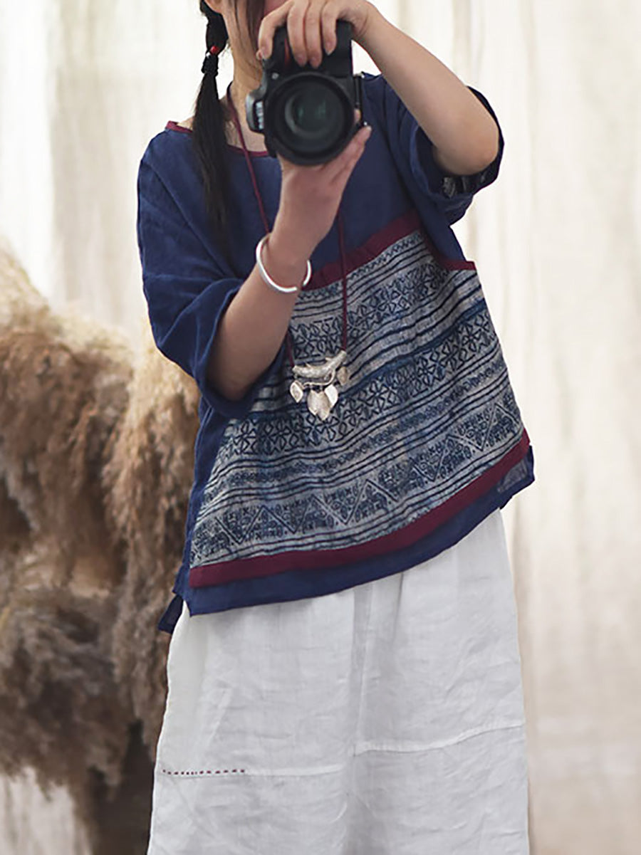 Frauen Sommer Ethnische Blume Gespleißt O-ansatz Ramie Hemd CC016