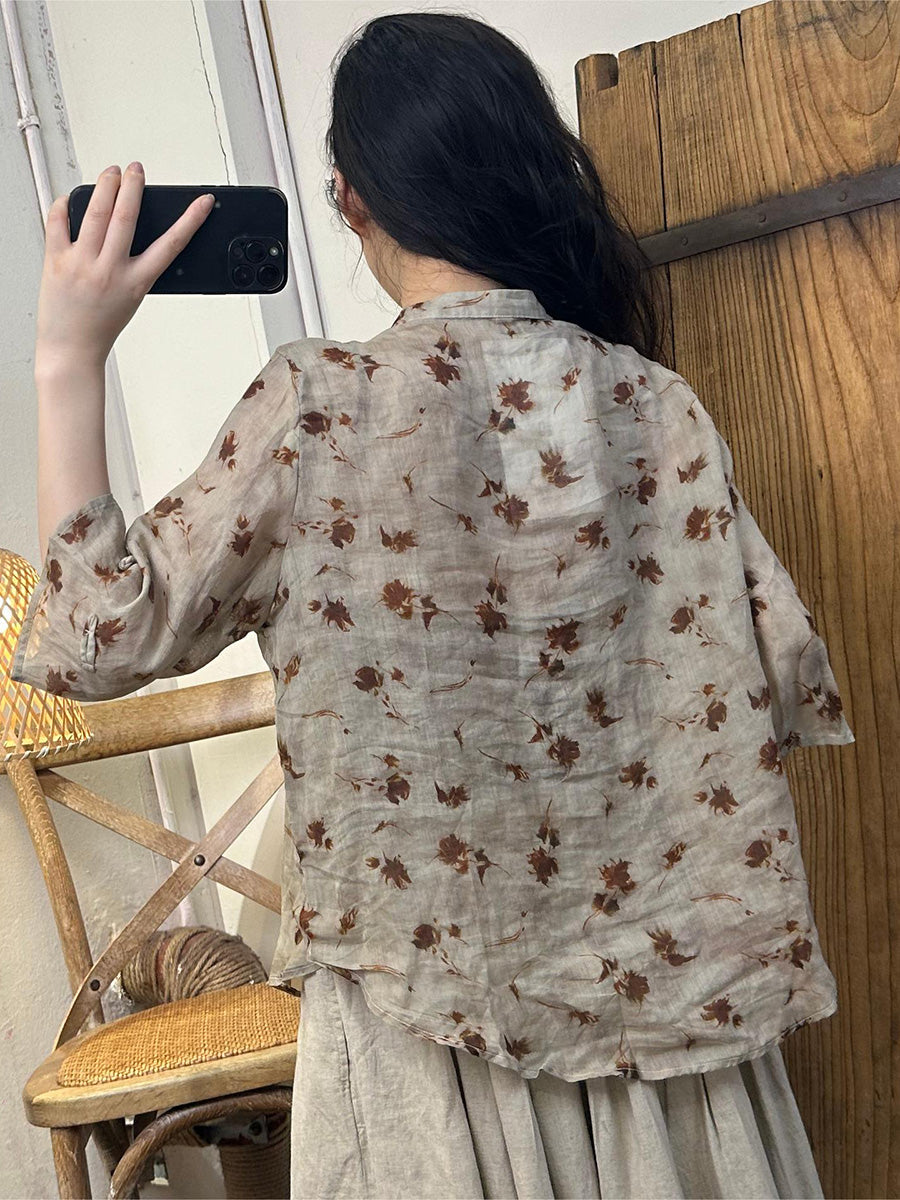 Frauen Sommer Ethnische Blume Schnalle Stehkragen Ramie Shirt CC026