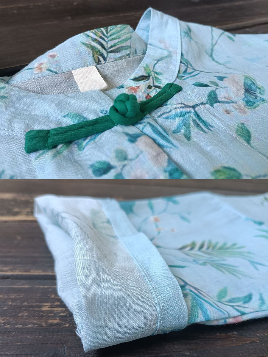 Damen Sommer Vintage Blumen Button-up Ramie Shirt CX006