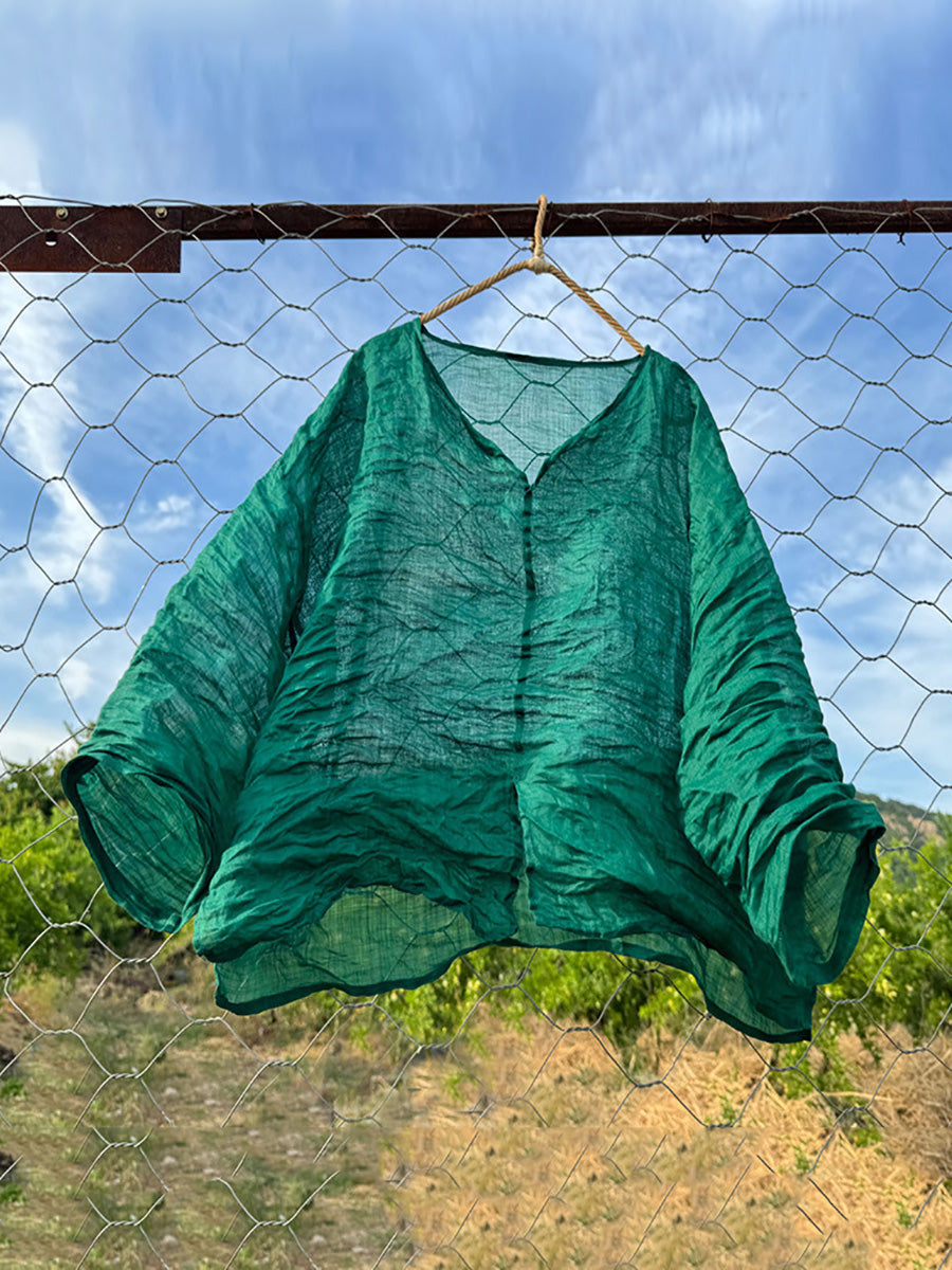 Women Summer Retro Solid V-Neck Ramie Shirt CX026