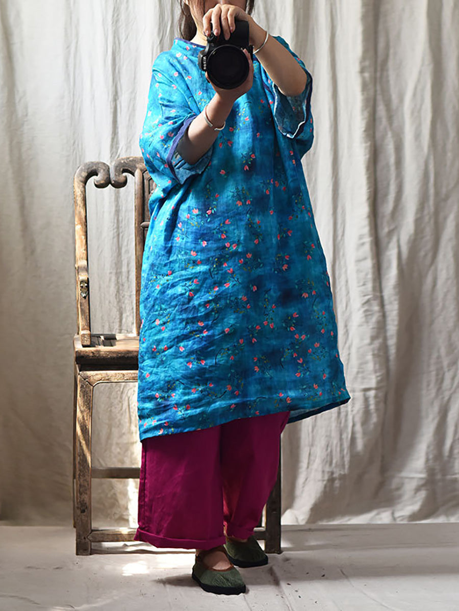 Frauen Sommer Vintage Floral Stehkragen Leinen Robe Kleid CX054