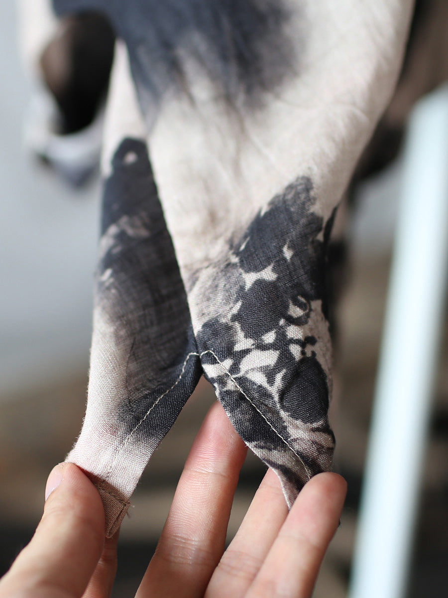 Damen Sommer Ethno Tintendruck Button-up Ramie Shirt FD021