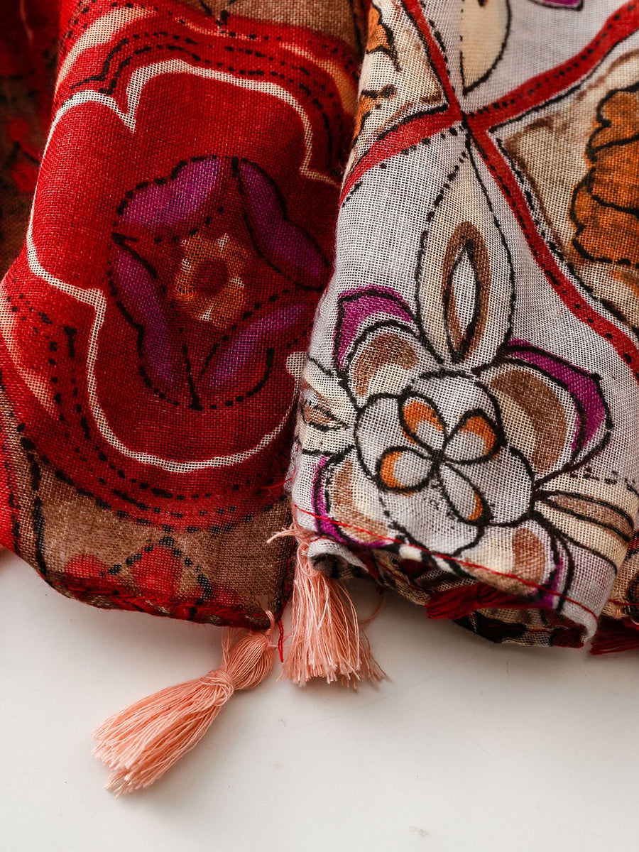 Écharpe châle à pompons épissés de fleurs ethniques pour femmes RR011