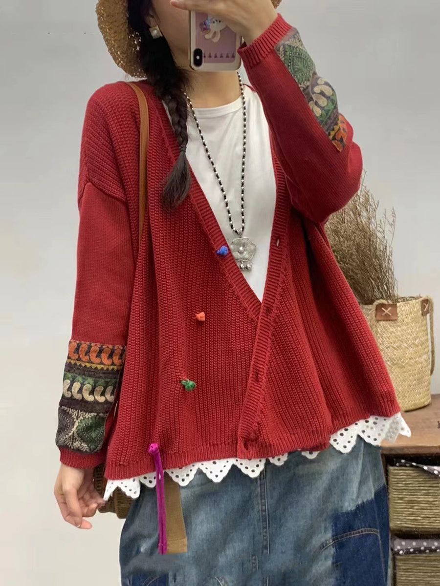Damen Herbst Vintage Patch V-Ausschnitt Strickpullover AS1025