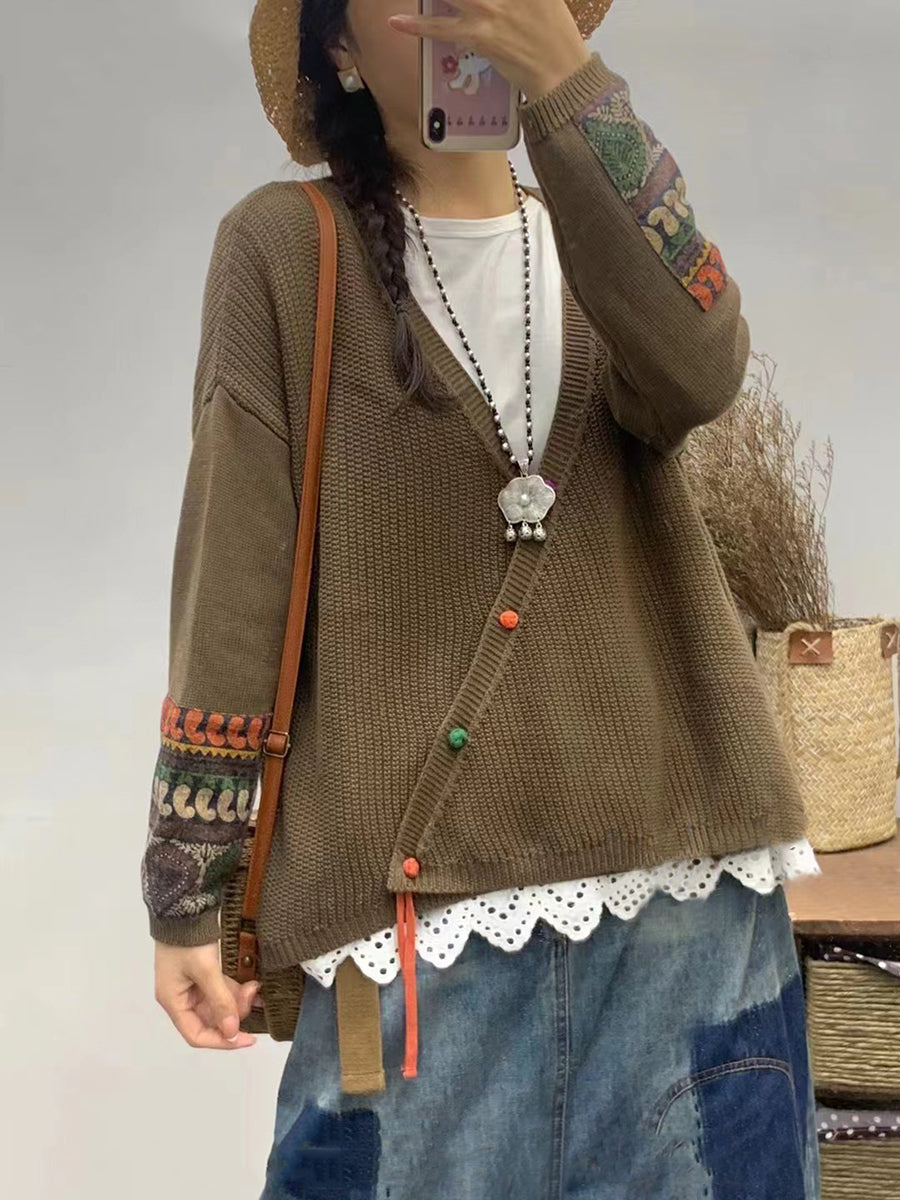 Damen Herbst Vintage Patch V-Ausschnitt Strickpullover AS1025