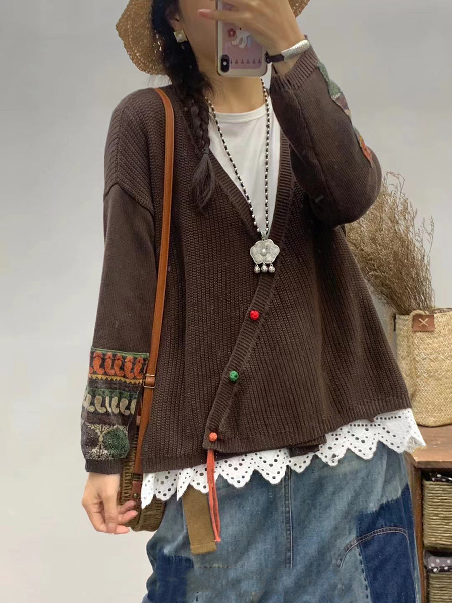 Damen Herbst Vintage Patch V-Ausschnitt Strickpullover AS1025