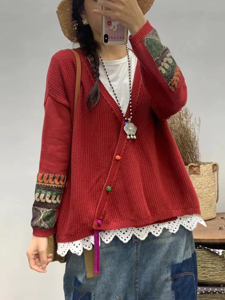 Damen Herbst Vintage Patch V-Ausschnitt Strickpullover AS1025