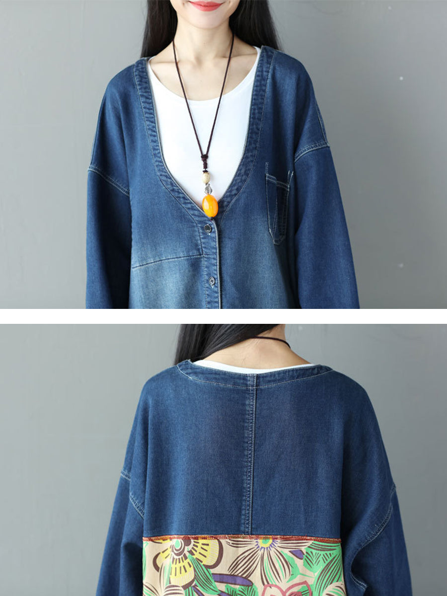 Manteau en jean décontracté à patch floral pour femme AS1021