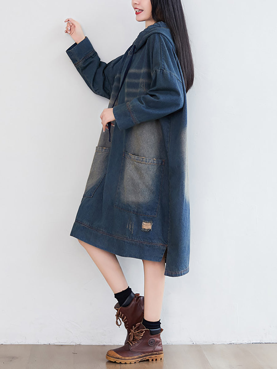 Damen Vintage Washed Ausgefranstes Denim Kapuzenkleid AT1066