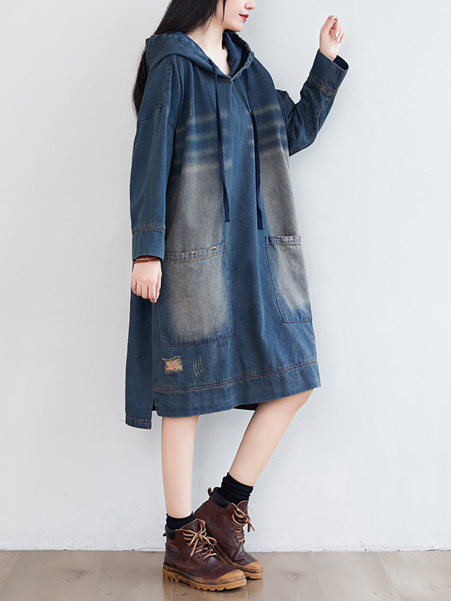 Damen Vintage Washed Ausgefranstes Denim Kapuzenkleid AT1066