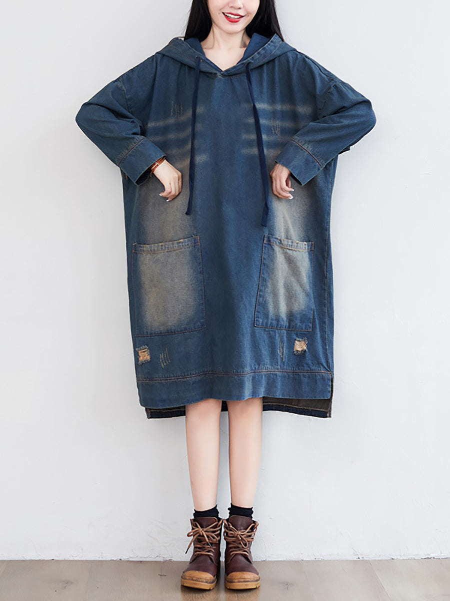 Damen Vintage Washed Ausgefranstes Denim Kapuzenkleid AT1066