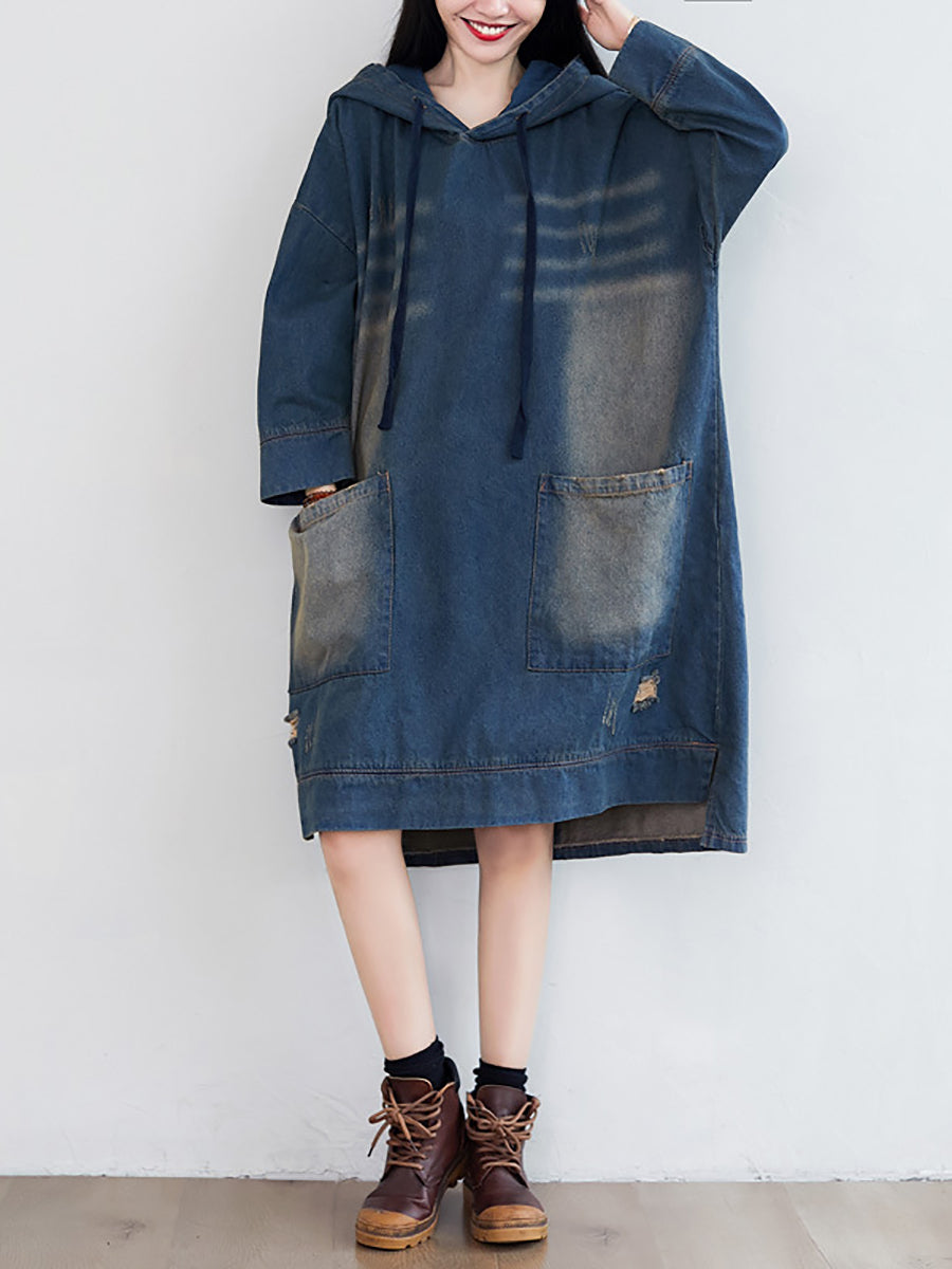 Damen Vintage Washed Ausgefranstes Denim Kapuzenkleid AT1066
