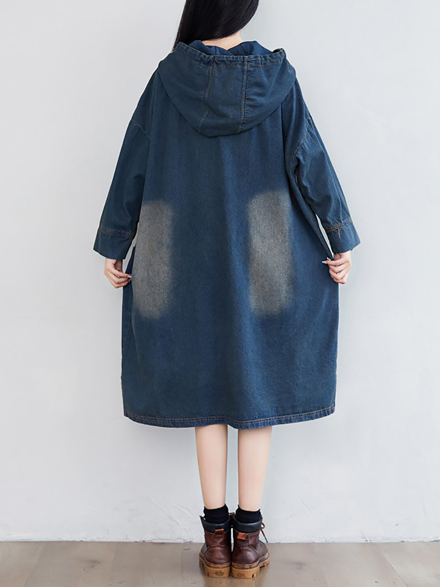 Damen Vintage Washed Ausgefranstes Denim Kapuzenkleid AT1066