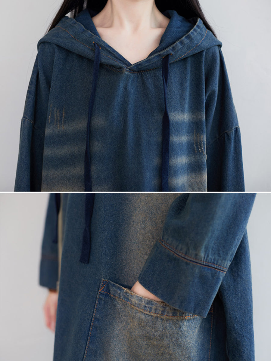 Damen Vintage Washed Ausgefranstes Denim Kapuzenkleid AT1066