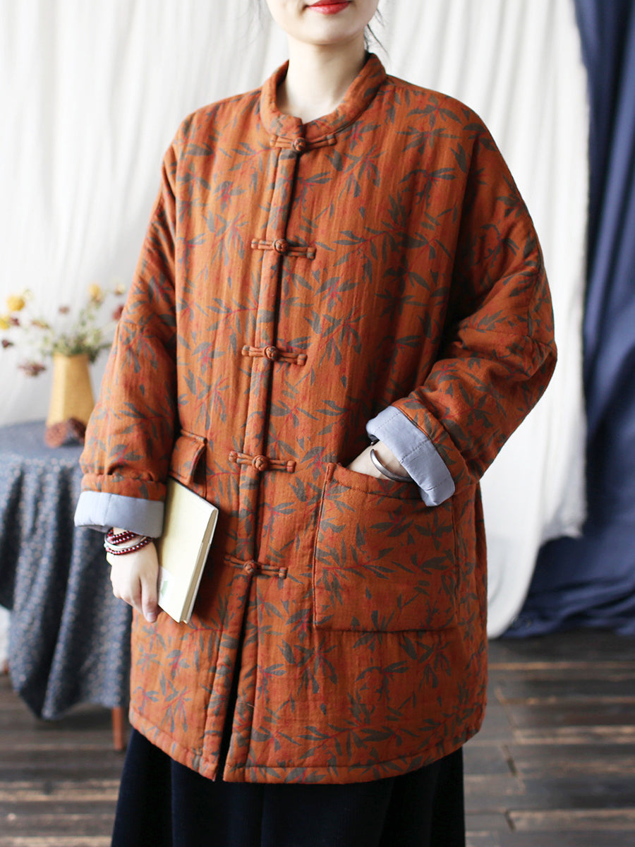 Manteau long en coton imprimé feuilles vintage pour femme AS1013