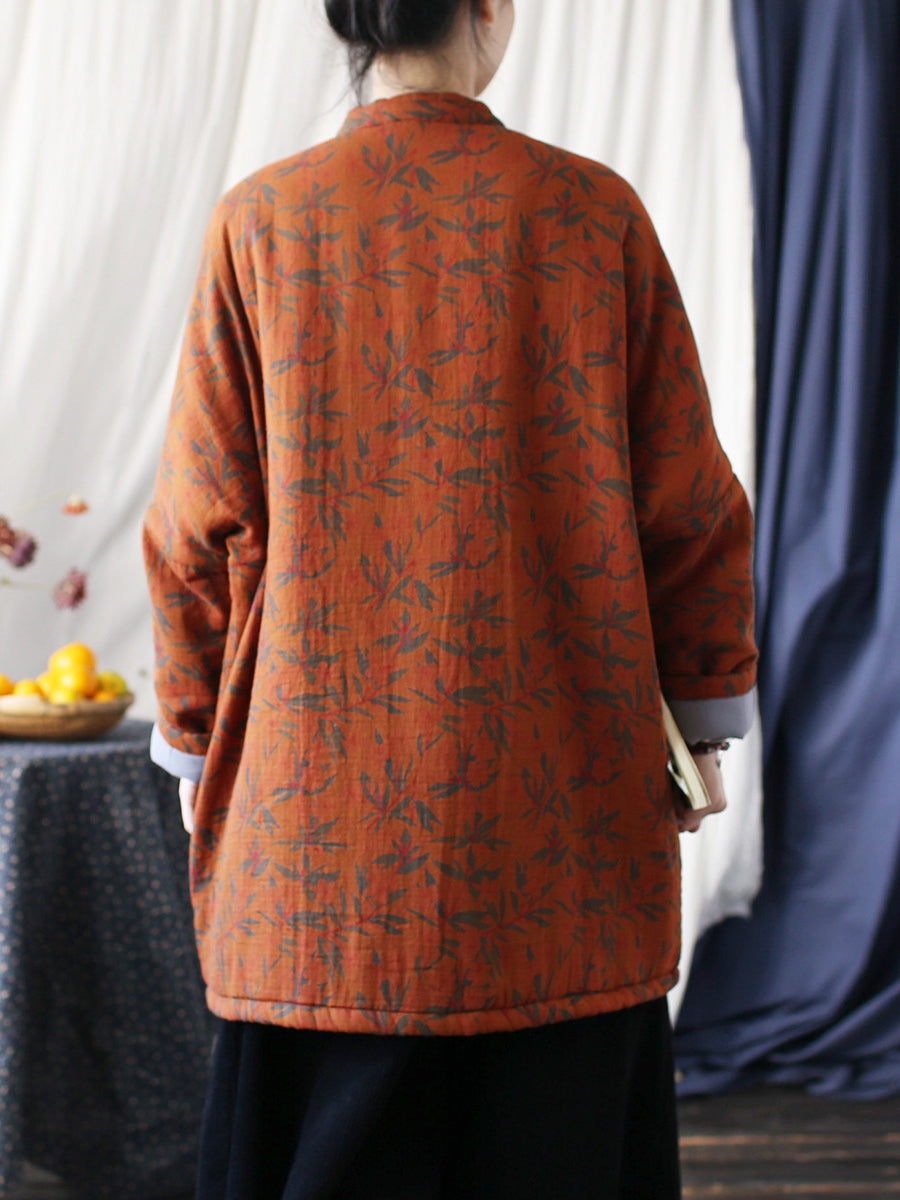 Manteau long en coton imprimé feuilles vintage pour femme AS1013